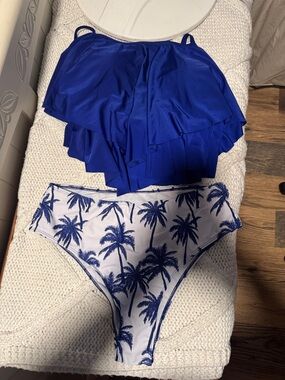 Royal Blue Ruffled Tankini Top with Palm-Print High-Waist Bottoms